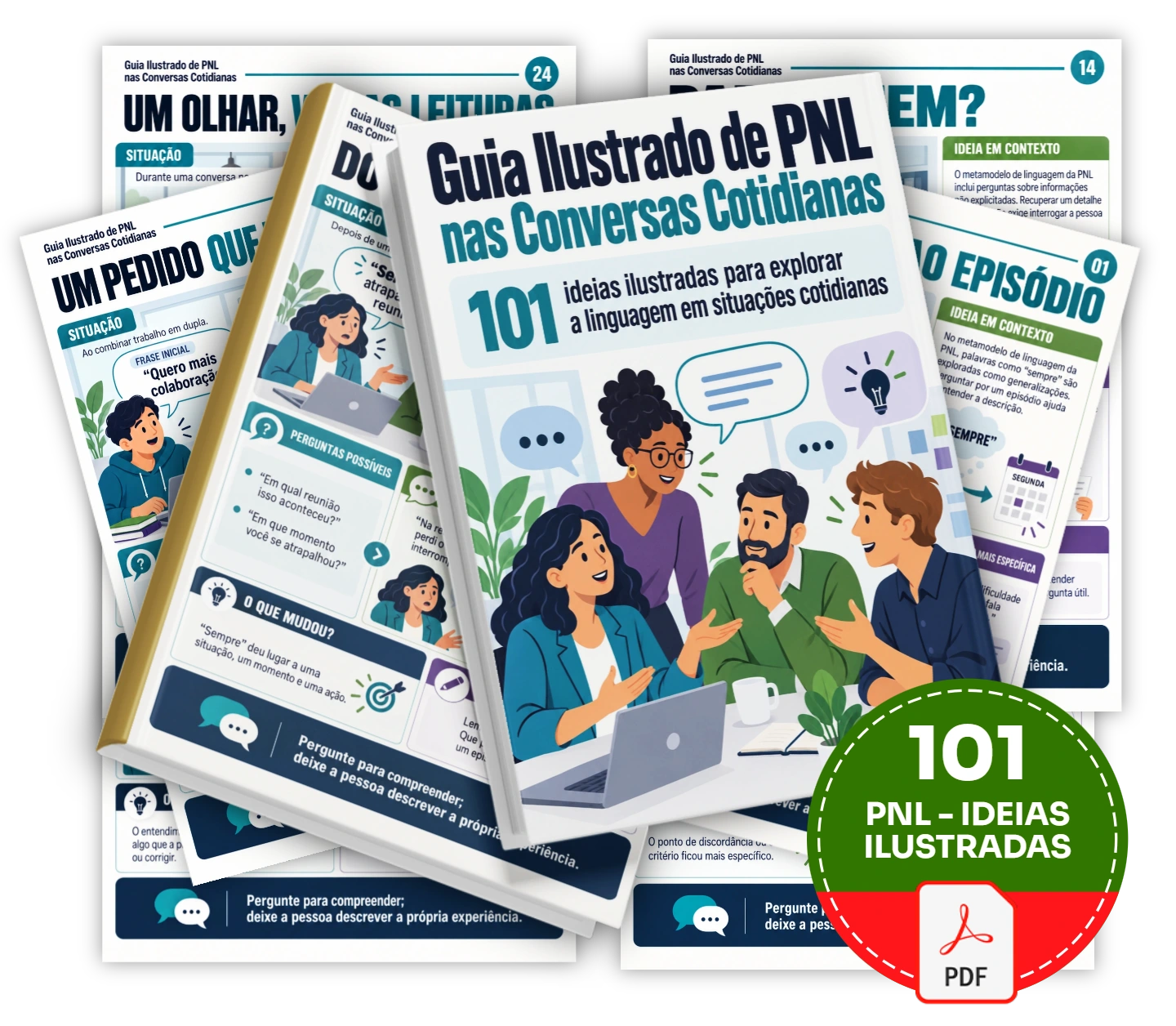 101 ideias ilustradas para entender ideias de PNL sobre linguagem e experimentar novas perguntas em conversas cotidianas.